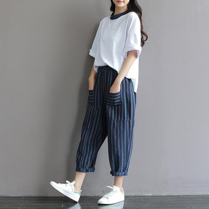 SCUWLINEN Trousers for Women 2017 Classic Striped Patchwork Casual Linen Pant Loose Long Harem Pants Pantalones Mujer S224