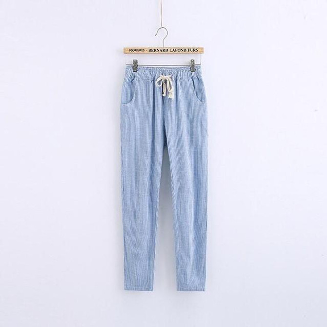 Striped Pants Casual Trousers Loose Straight Cotton Pants Mid-waist Pocket Full Length Women Pants Pantalon Femme Plus Size 2017