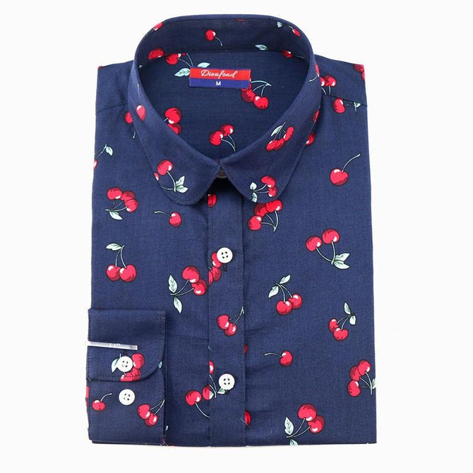 New Floral Cotton Women Shirts Casual Cherry Shirt Turn-Down Collar Blouses Cherry Long Sleeve Shirt Women Fashion Clothing 2017