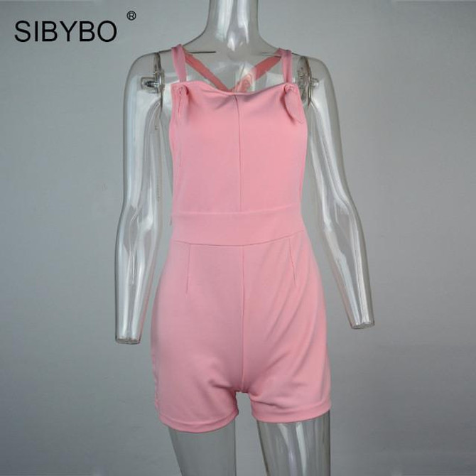 Sibybo Womens Jumpsuit 2017 Casual Sleeveless Summer Short Playsuit Overalls Sexy Open Back Beach Combinaison Femme Rompers