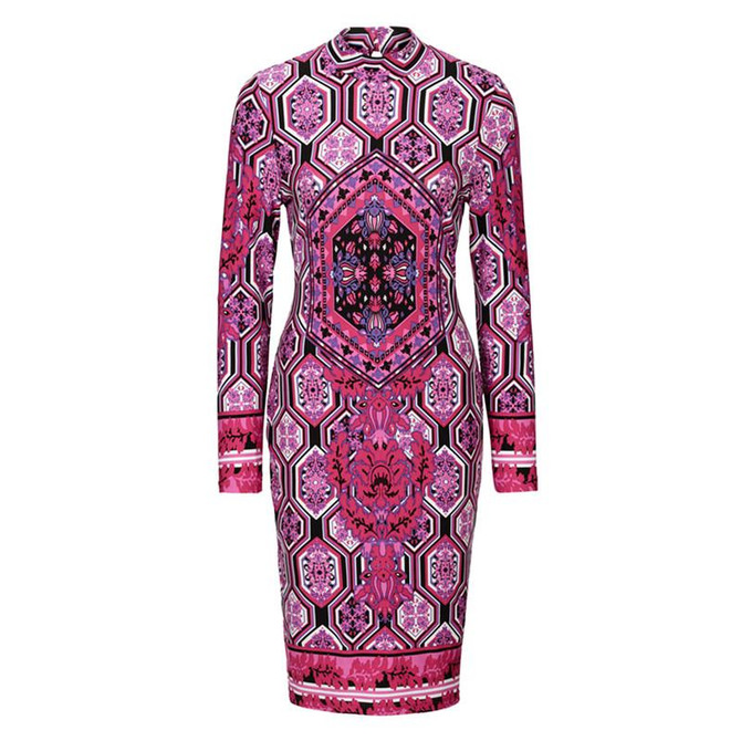 Vintage Women Dress Tribal Print Long Sleeve Bodycon Dresses Ladies Sheath Purple Dress Women 2017 New Arrivals Woman Clothing