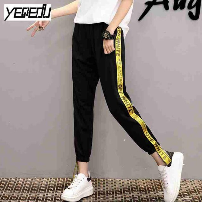 #1642 Summer 2017 Loose pantalon femme Punk Thin Side stripe Ankle-length Two side ribbon Casual Hip hop pants Joggers women