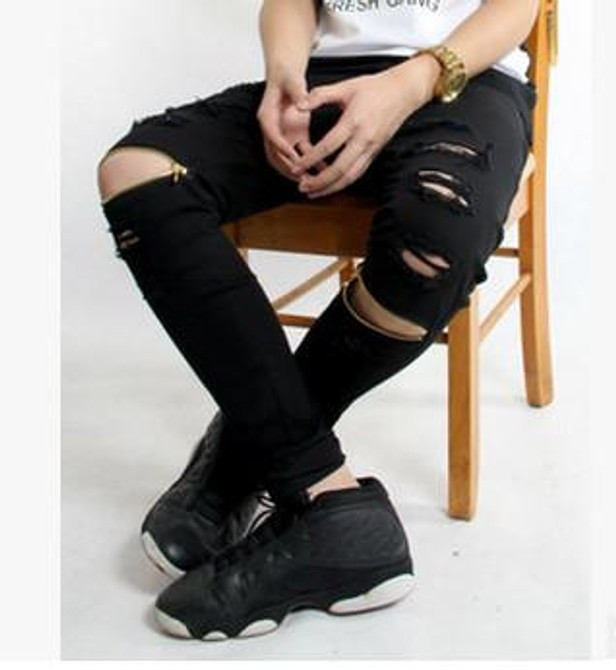 New ripped Frayed jeans for men skinny destroyed  slim brand designer hip hop swag tyga  black biker jeans