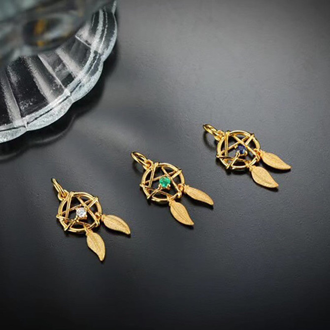 18k Gold Diamond Natural Emerald Sapphire Gemstone Dreamcatcher Pendant Necklace