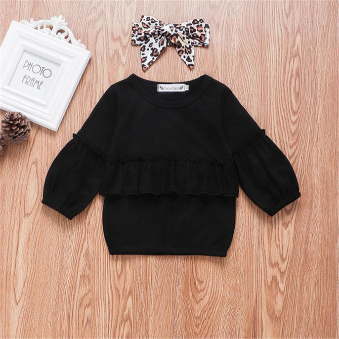 Girls Long Sleeve Ruffle Solid Top & Leopard Pants & Headband