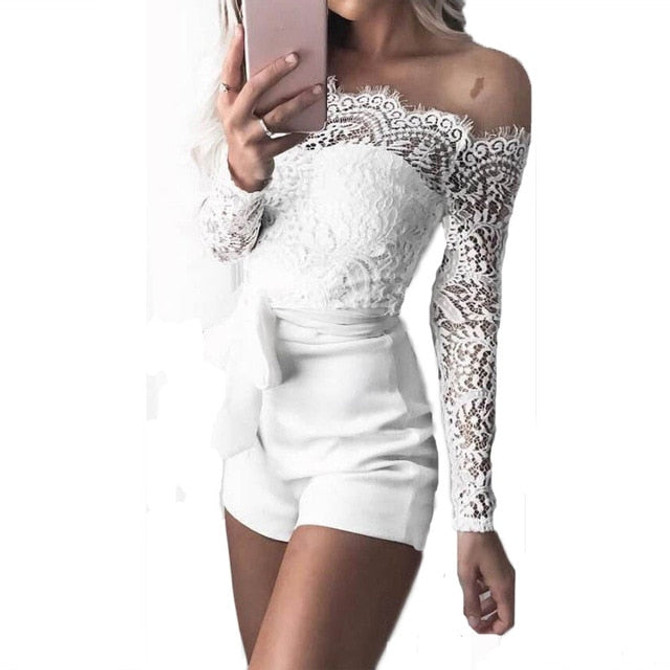 Sexy Off Shoulder Lace White Playsuits Women Bodycon Long Sleeve Jumpsuit Bodysuit Ladies Overalls Shorts Rompers