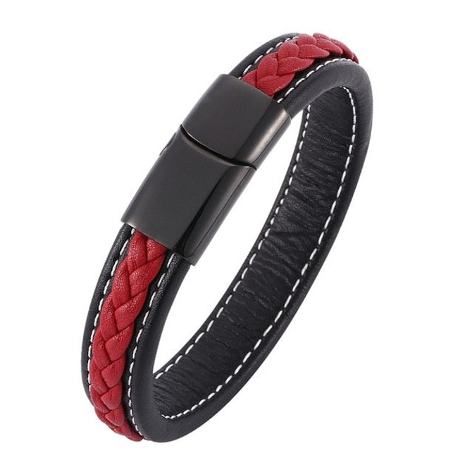 Trendy Mens Bracelets Jewelry Black Red Braided Leather Bracelet Stainlees