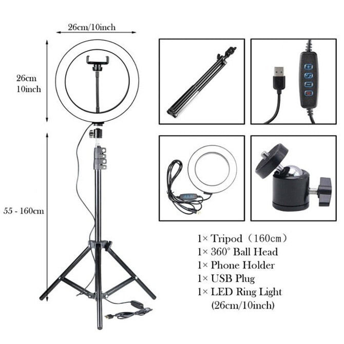 Dimmable LED Ring Light Camera Photo Studio Photography Video Makeup Ring Lamp for Youtube VK Selfie Mobile Phone with Tripod