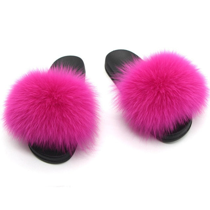 Ladies Summer Real Fox Fur Slippers Furry Fur Slippers Cute Fluffy Fur Slippers Fox Fur Slides Plush Slippers Luxury Slippers