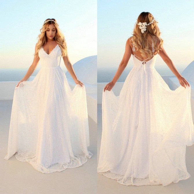 Elegant Boho Women Ivory Long Wedding Dresses 2019 Wedding Gown gongbaolage V Neck Lace Bohemian Slim Fit Party Sexy Bride Dress