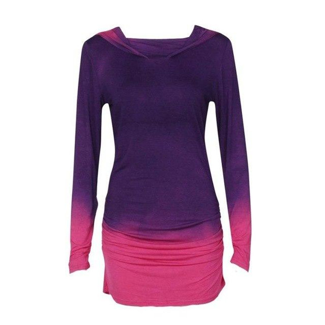 Fashion Autumn 2018 Women T shirt Long Sleeve Hooded Gradient Color Tee Tops Female Blue Purple  t-shirt woman vetement femme