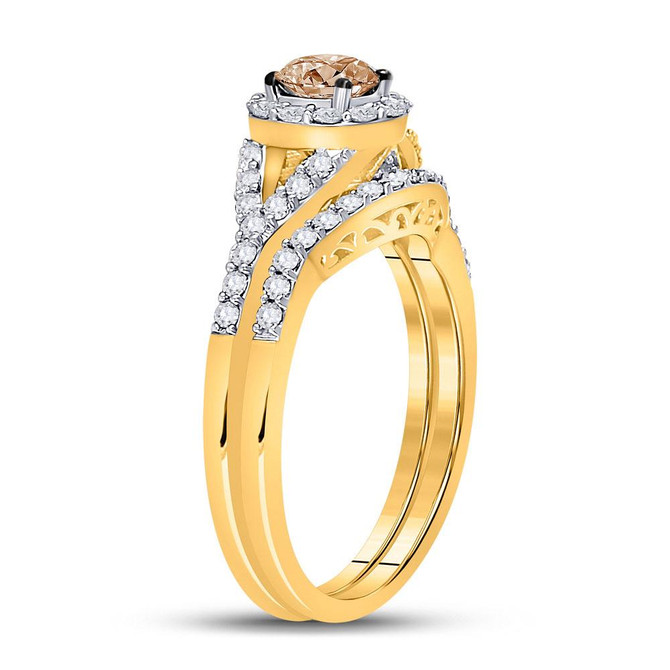 Wedding Collection | 14kt Yellow Gold Round Brown Diamond Bridal Wedding Ring Band Set 1 Cttw |  Splendid Jewellery