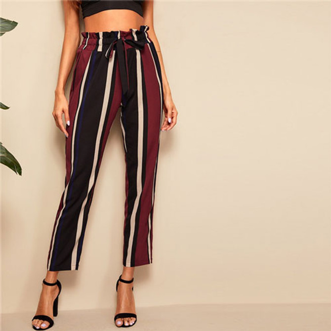 SHEIN Paperbag Waist Striped Pants Women Clothes 2019 Elegant High Waist Pants Spring Summer Office Lady Workwear Trousers