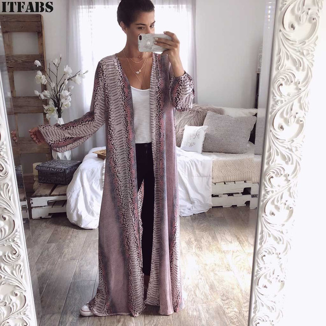 Women Casual Snakeskin Printed Vintage Kimono Cardigan Ladies Summer Long Crochet Chiffon Cover-ups Kimono Loose Blouse Tops