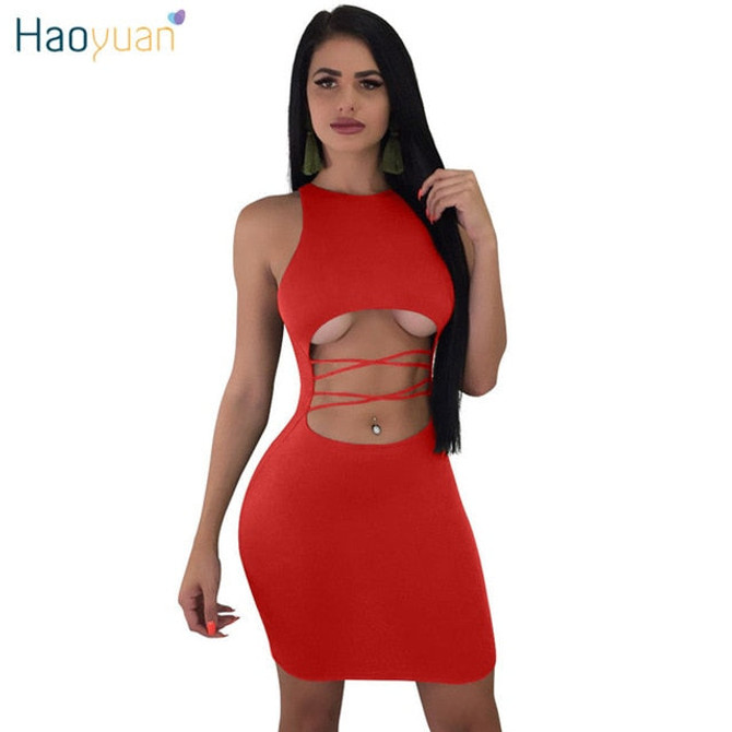 HAOYUAN Off Shoulder Hollow Out Bodycon Dress Women Summer Mini Boho Beach Dresses Elegant Party Night Club Sexy Bandage Dress