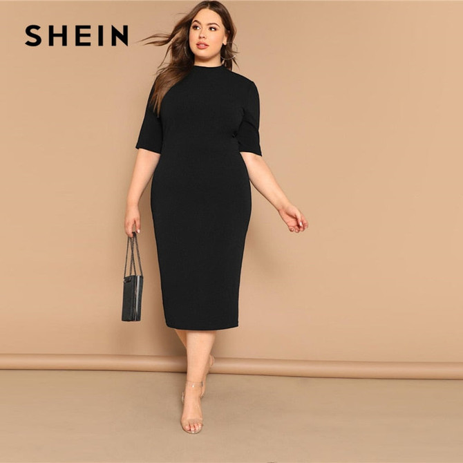 SHEIN Classy Black Plus Size Mock-neck Solid Pencil Slim Dress