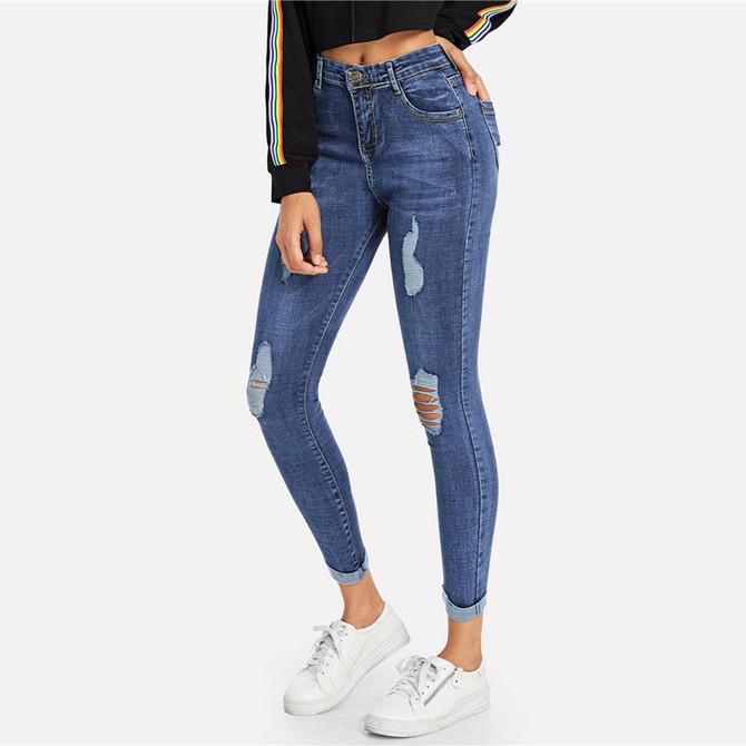 Blue Roll Up Ripped Skinny Jeans