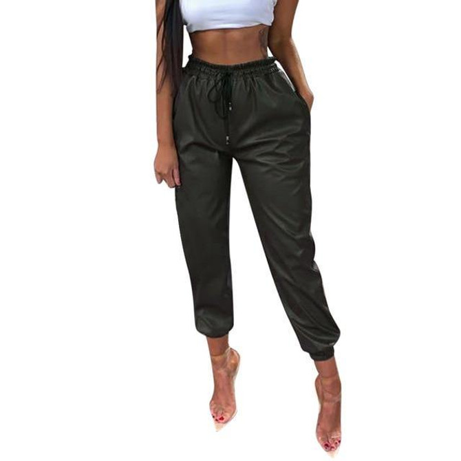 High Waist Elastic Faux Leather Pants