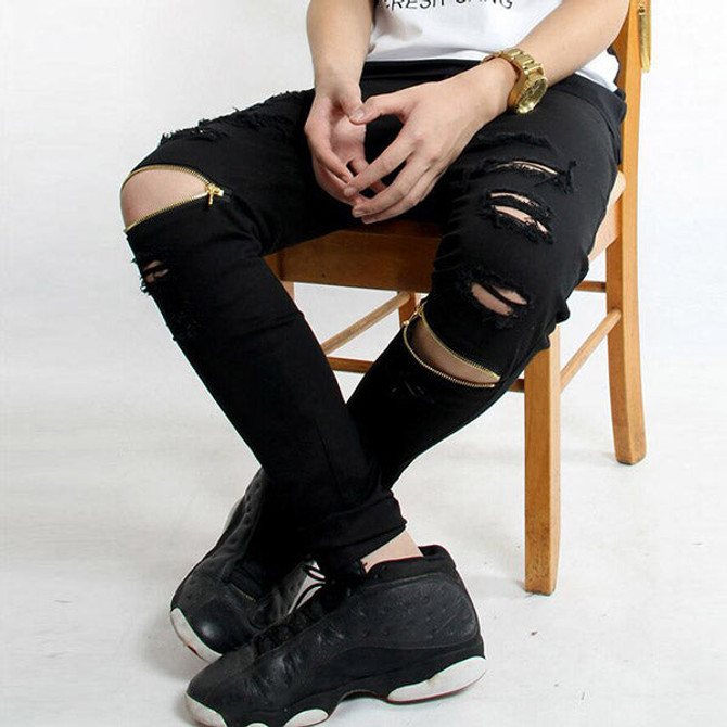 Men's Mid Waist Skinny Stretched Ripped Jeans