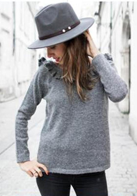 Grey Ruffle Backless Round Neck Long Sleeve Casual T-Shirt