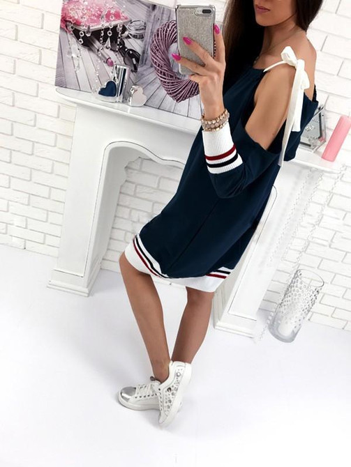 New Blue Bow Long Sleeve Sweet Going out Party Mini Dress