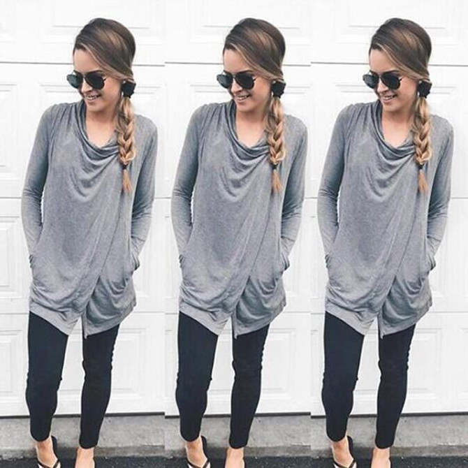 New Grey Pockets Irregular Long Sleeve Fashion T-Shirt