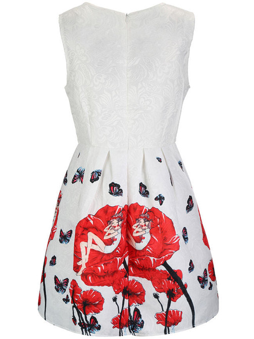 Casual Round Neck Butterfly Cartoon Floral Printed Skater Dress