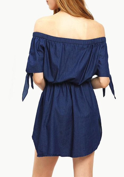 Casual Dark Blue Plain Irregular Bandeau Boat Neck Off-Shoulder Mini Dress