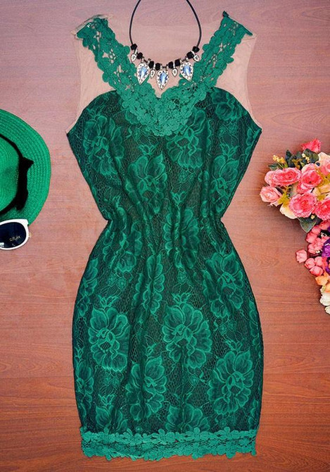 Casual Green Patchwork Lace Embroidery Grenadine See-through Mini Dress