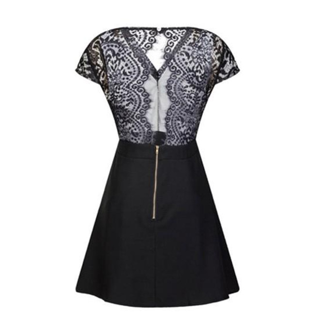 Black Lace Hollow-out Pleated Backless Deep V-neck Cute Homecoming Skater Mini Dress