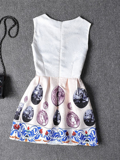 Casual Round Neck Coin Printed Jacquard Skater Dress
