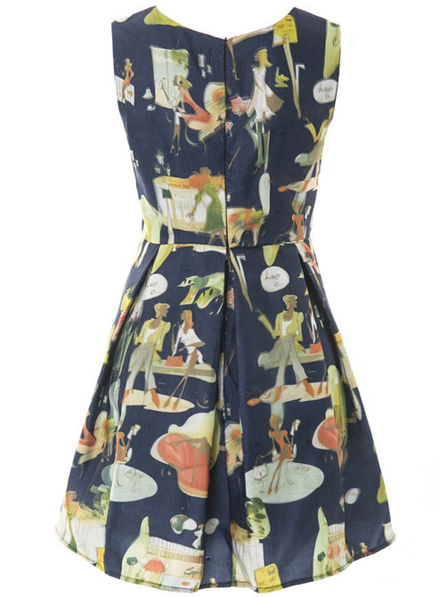 Casual Round Neck Cartoon Graffiti Skater Dress