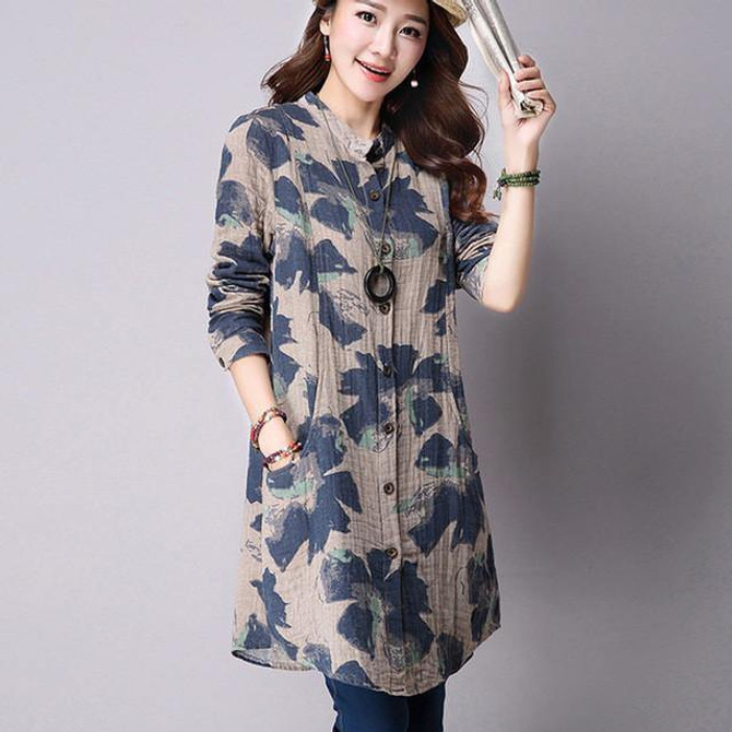 Spring New Fashion Floral Print Cotton Linen Blouses Korean Casual Long Sleeve Shirt Women Plus Size Women Top With Pockets