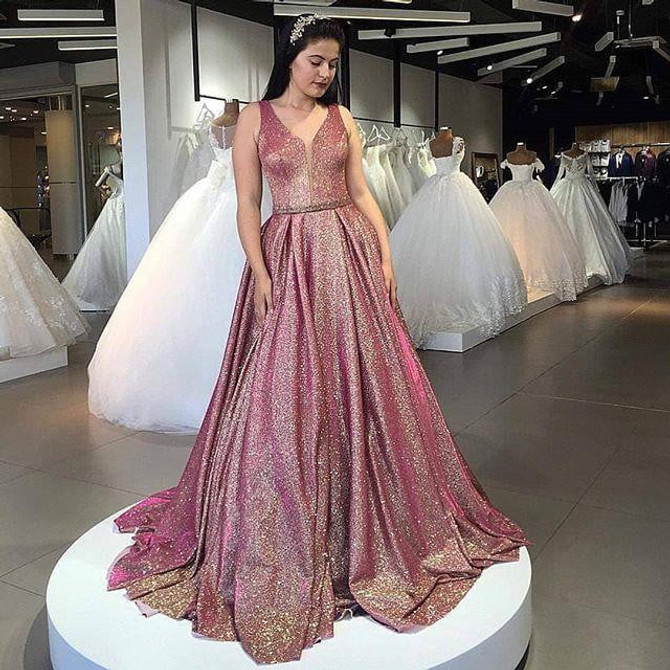 Stunning V Neck Sleeveless A Line Prom Dress with Sequins P886