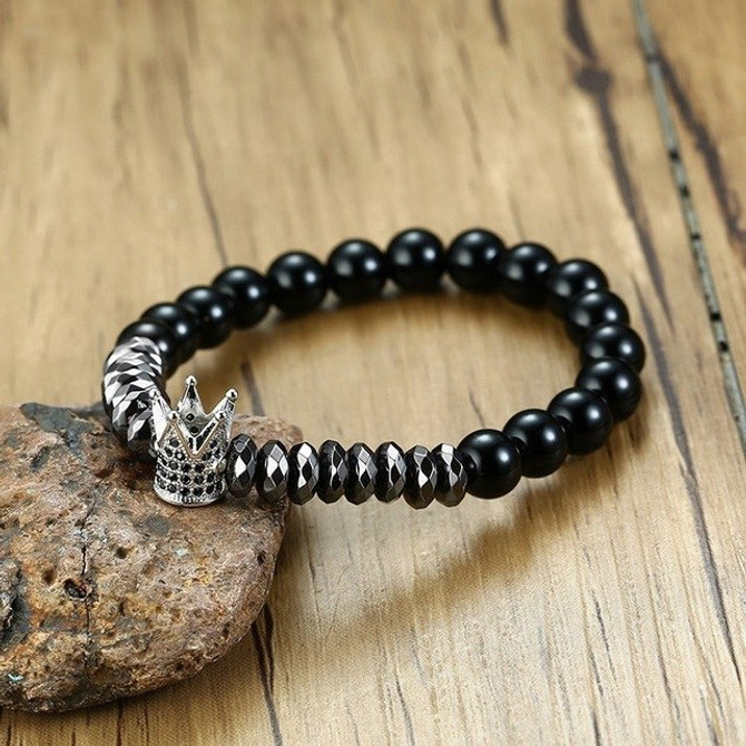 Mens Beaded Bracelet w/ Crown | Black Carnelian Hematite Beads
