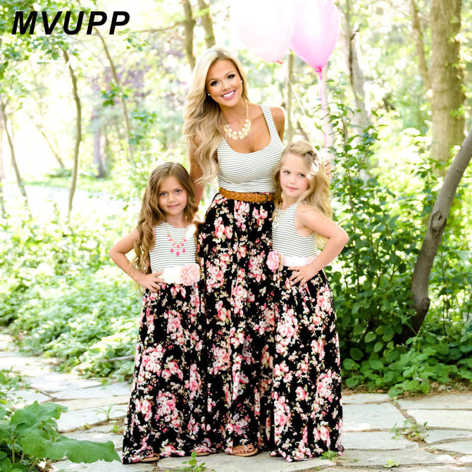 MVUPP Mommy and me family matching mother daughter dresses clothes striped mom daughter dress kids parent child outfits look