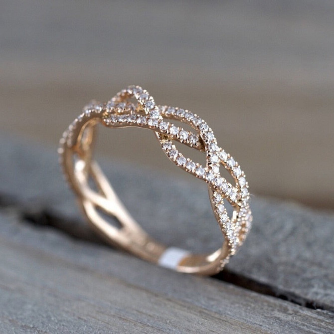 Twist Rope Engagement Hemp Cubic Wedding Ring For Women Rose Gold