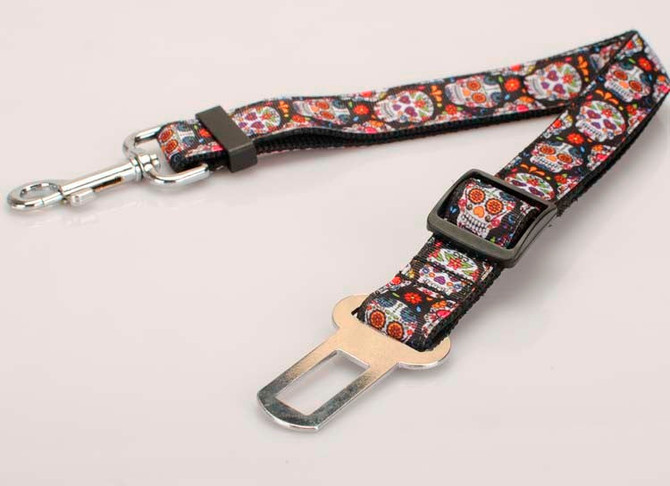 Sugar Skull Pet Seat Belt Clip Tether