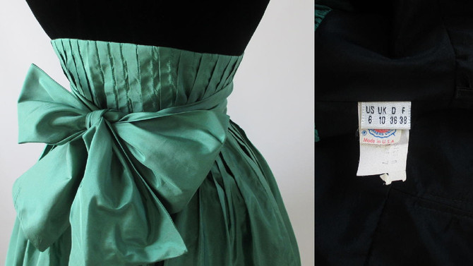 • Vintage 80's Strapless Green Silk Black Velvet Full Skirt Party Dress S