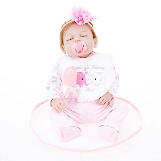 Reborn Baby Doll Girl Baby Bath Toy Full Silicone Body Eyes Close Sleeping Baby Doll With Clothes 22inch 55cm Lifelike Cute Gifts Toy Pink Elephant