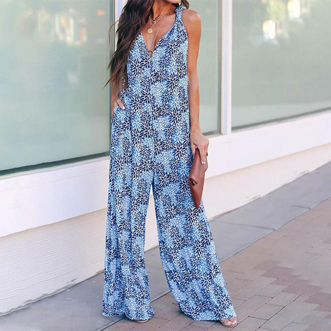Boho Print V-neck Cross Backless Wide Leg Jumpsuit