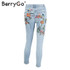 BerryGo Floral embroidery jeans woman Casual high waist jeans pants Spring light blue denim pencil pants women trousers 2018