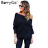 BerryGo Black off shoulder knitted sweater Women autumn elegant batwing sleeve jumper pull femme Winter casual loose pullover