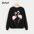 ROMWE Female Faux Fur Flamingo Sweatshirt Autumn Long Sleeve Pullover 2017 Woman Black Round Neck Casual Sweatshirt