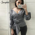 Simplee Ruffled off shoulder white blouse shirt Autumn sexy ruched sleeve cool blouse Women waist tie cotton top tees blusas