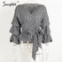 Simplee Ruffled off shoulder white blouse shirt Autumn sexy ruched sleeve cool blouse Women waist tie cotton top tees blusas