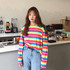 Harajuku Women Casual Rainbow Stripe T Shirt For Girls Autumn Female Shirt Long Sleeved Ladies T-shirts Woman Tops Feminine