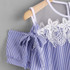 Feitong Summer Women Blouses Sexy Short Sleeve Cold Shoulder Lace Splice Striped Blouse Casual Tops Blouse Shirt Blusas feminina
