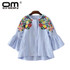 OMCHIONBlusas Mujer De Moda 2017 O Neck Floral Embroidery Blouse Long Sleeve Blue Striped Women Shirt Casual Summer Tops TS149