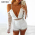 Sibybo Off Shoulder Lace Rompers Bodysuit Women Summer Deep V Neck Long Sleeve Combinaison Femme Sexy Beach Playsuit Overalls
